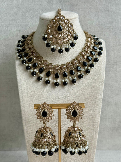 Ayura Designs Emaan Set with Jhumkis & Tikka – Black Beads, Mirror-Cut Stones & Antique Gold Finish