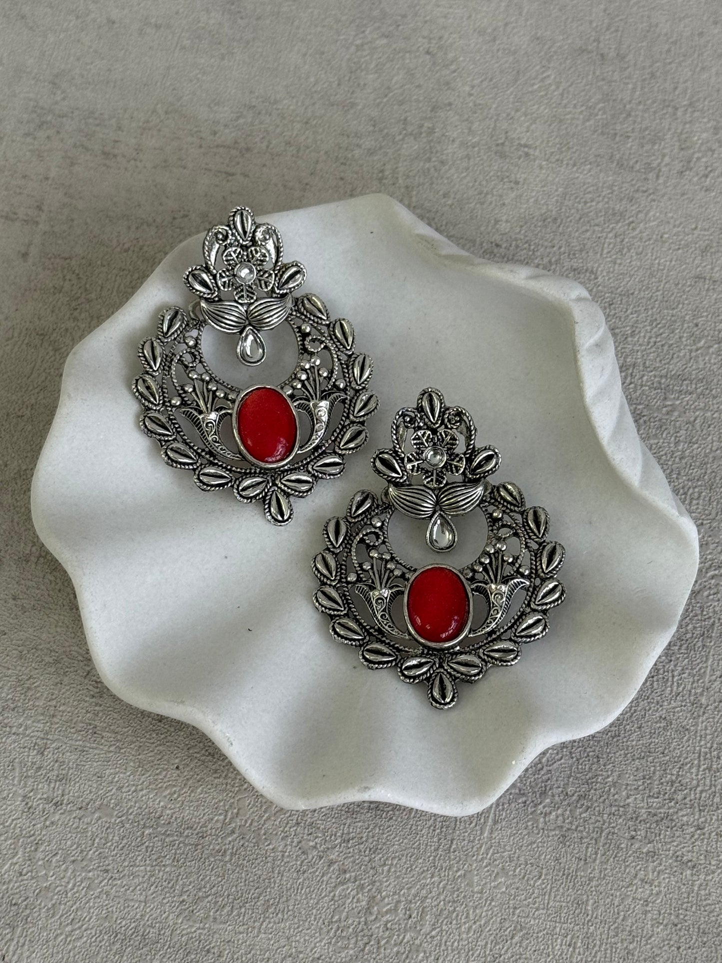 Ayura Designs Eila Earrings with Ruby Red Stone in Antique Silver Finish
