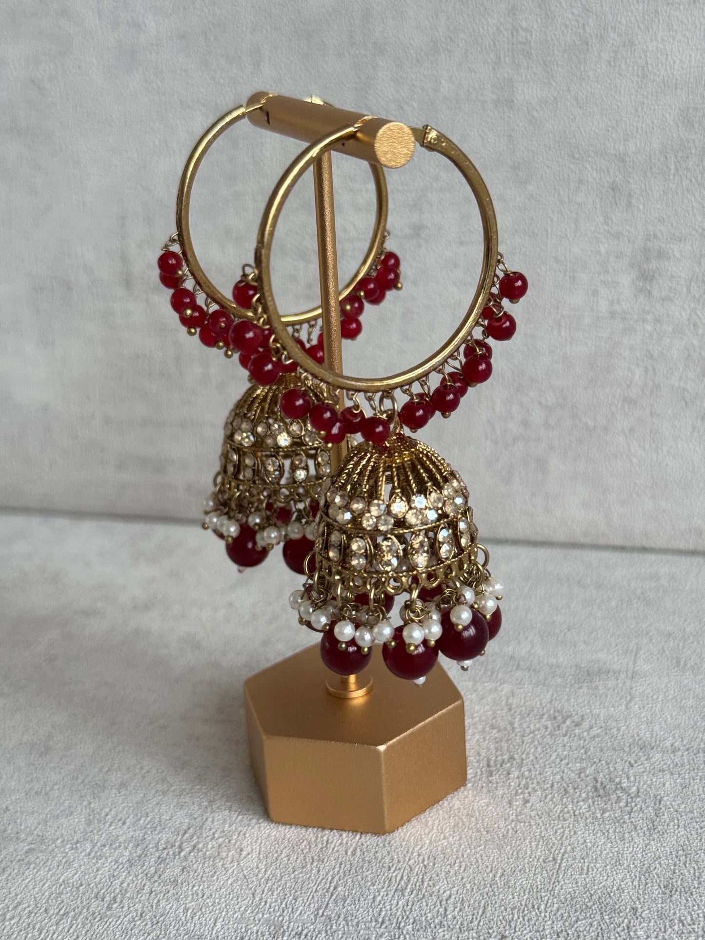 Ayura Designs Dastoor Tikka Set with Balis – Deep Maroon Beads, Champagne Stones & Pearls