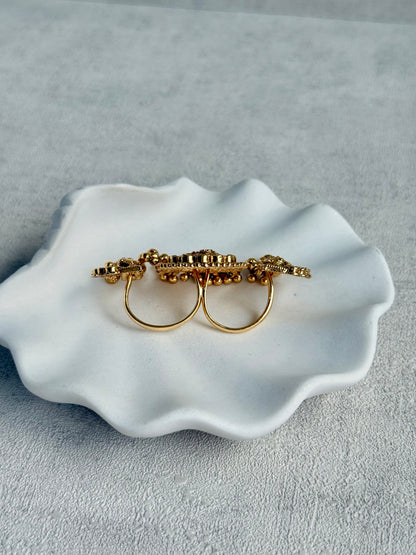 Ayura Designs Nira Adjustable Ring – Jadau-Inspired Elephant Motifs with Rani Pink Stones, Pearl Drops & Ghungroos