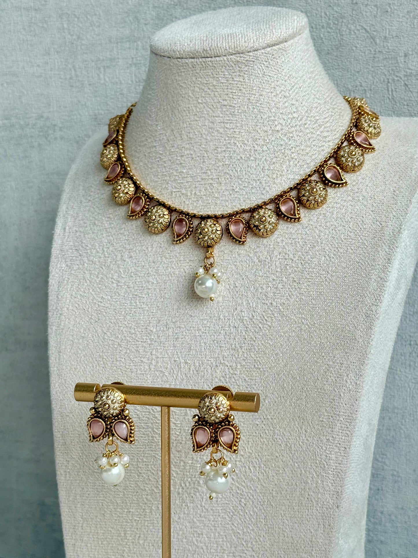 Ayura Designs Mayura Necklace Set with Earrings – Antique Gold Meenakari Motifs with Pearl Drop & Blush Pink Stones