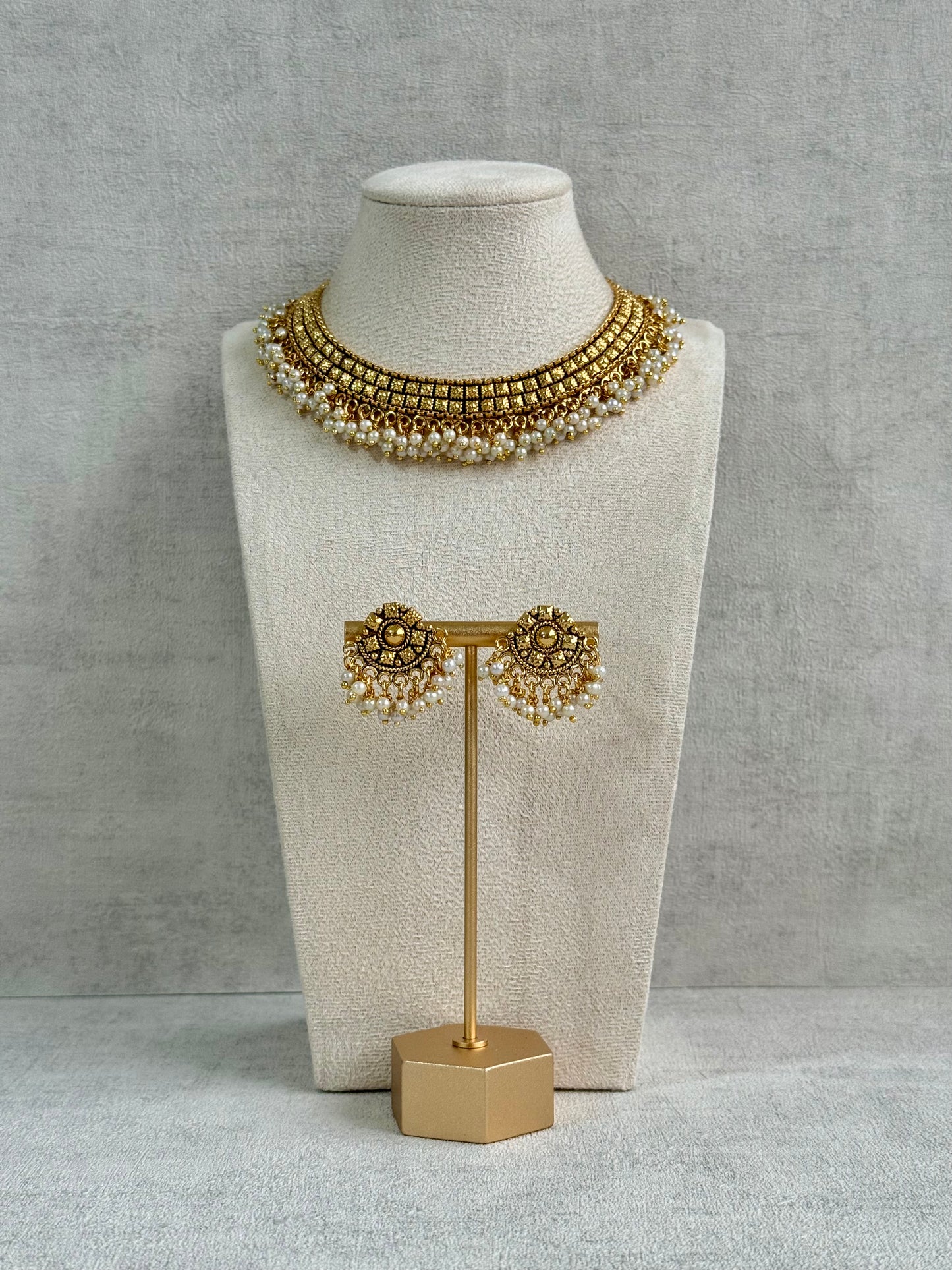 Ayura Designs Ranya Set – Antique Gold Necklace with Stud Earrings & Pearl Detailing