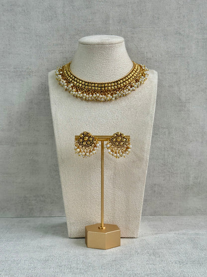 Ayura Designs Ranya Set – Antique Gold Necklace with Stud Earrings & Pearl Detailing