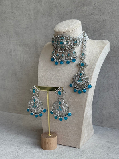 Ayura Designs Zarlish Set – Choker, Earrings & Tikka with Mirror-Cut Stones, Aqua Blue Beads & Silver Finish
