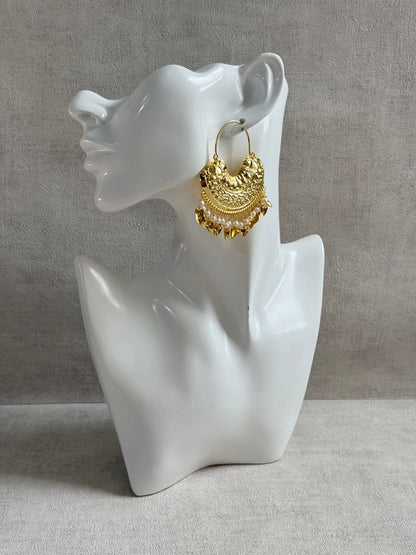 Ayura Designs Surkhab Balis – Pippal Patti Statement Earrings with Pearls & Gold Leaf Charms