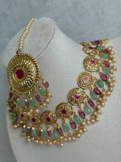 Ayura Designs Jyoti Set with Earrings & Tikka – Gold Disc Necklace with Ruby Pink, Mint Green & Pearl Detailing