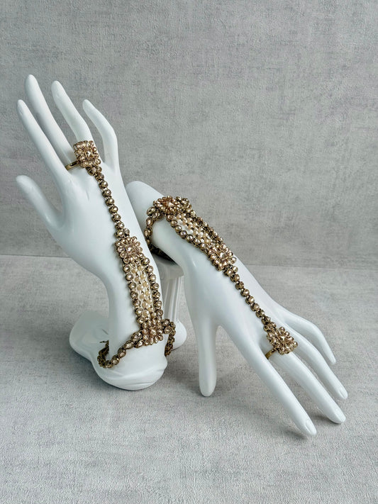 Ayura Designs Rupi Haathphool – Antique Gold with Champagne Stones & Pearl Detailing