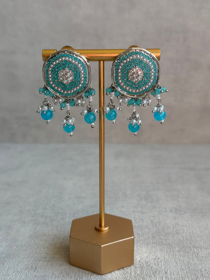 Ayura Designs Nomal Set with Earrings & Tikka – Aqua Blue Beads, Pearl Detailing & Silver Finish