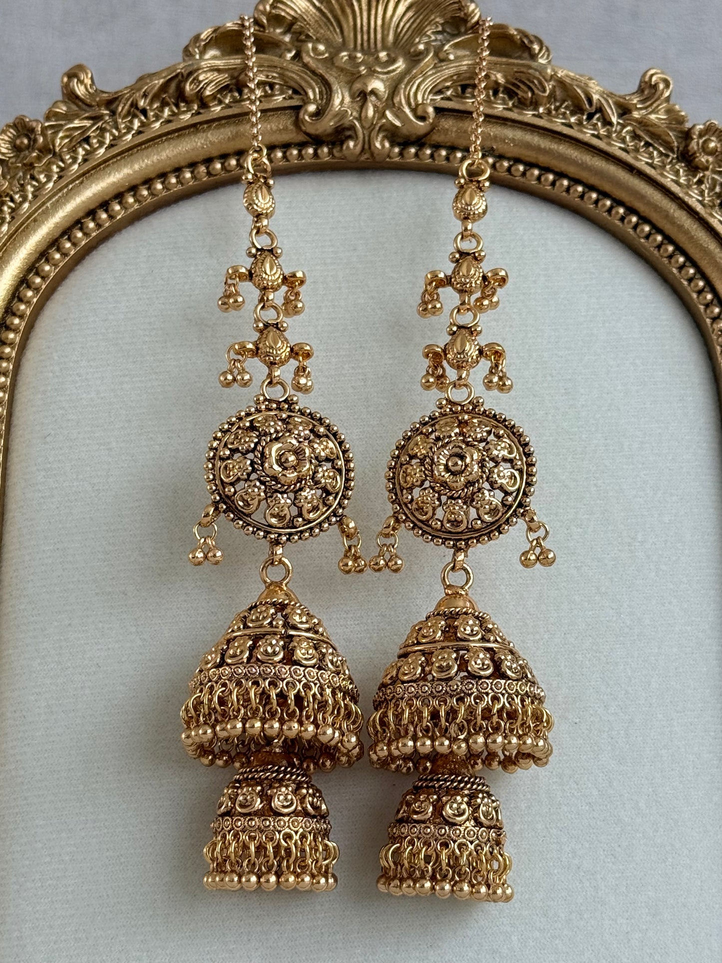 Ayura Designs Chhavi Sahare Jhumkis – Antique Gold Finish with Double Dome Design