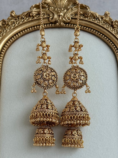 Ayura Designs Chhavi Sahare Jhumkis – Antique Gold Finish with Double Dome Design