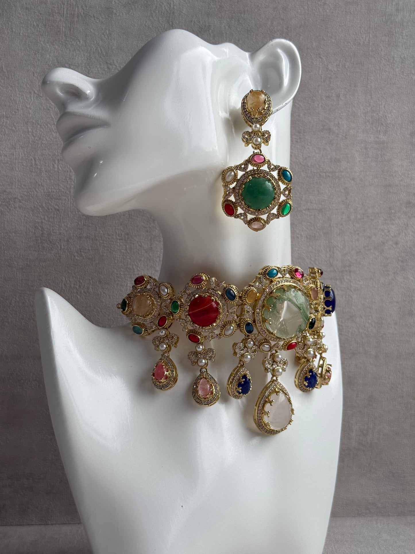 Ayura Designs Willow Choker Set – Statement Multicolour Stone Choker with Pearls & Antique Gold Detailing