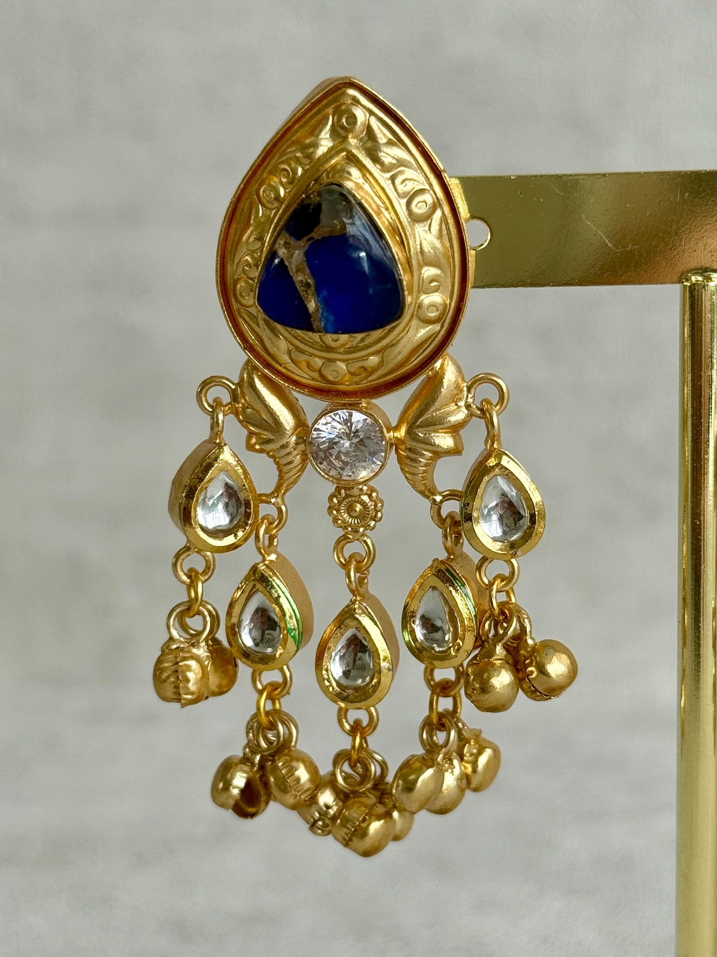 Ayura Designs Arheer Earrings – Sapphire Blue Marble with Kundan Detailing & Antique Gold Ghungroos