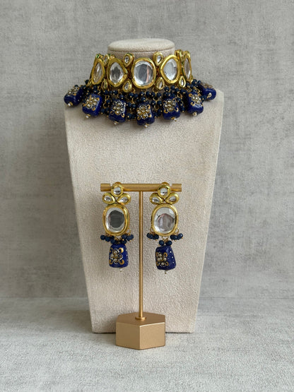 Ayura Designs Gyan Set With Choker And Earrings – Kundan Stones And Navy Blue Meenakari Drops