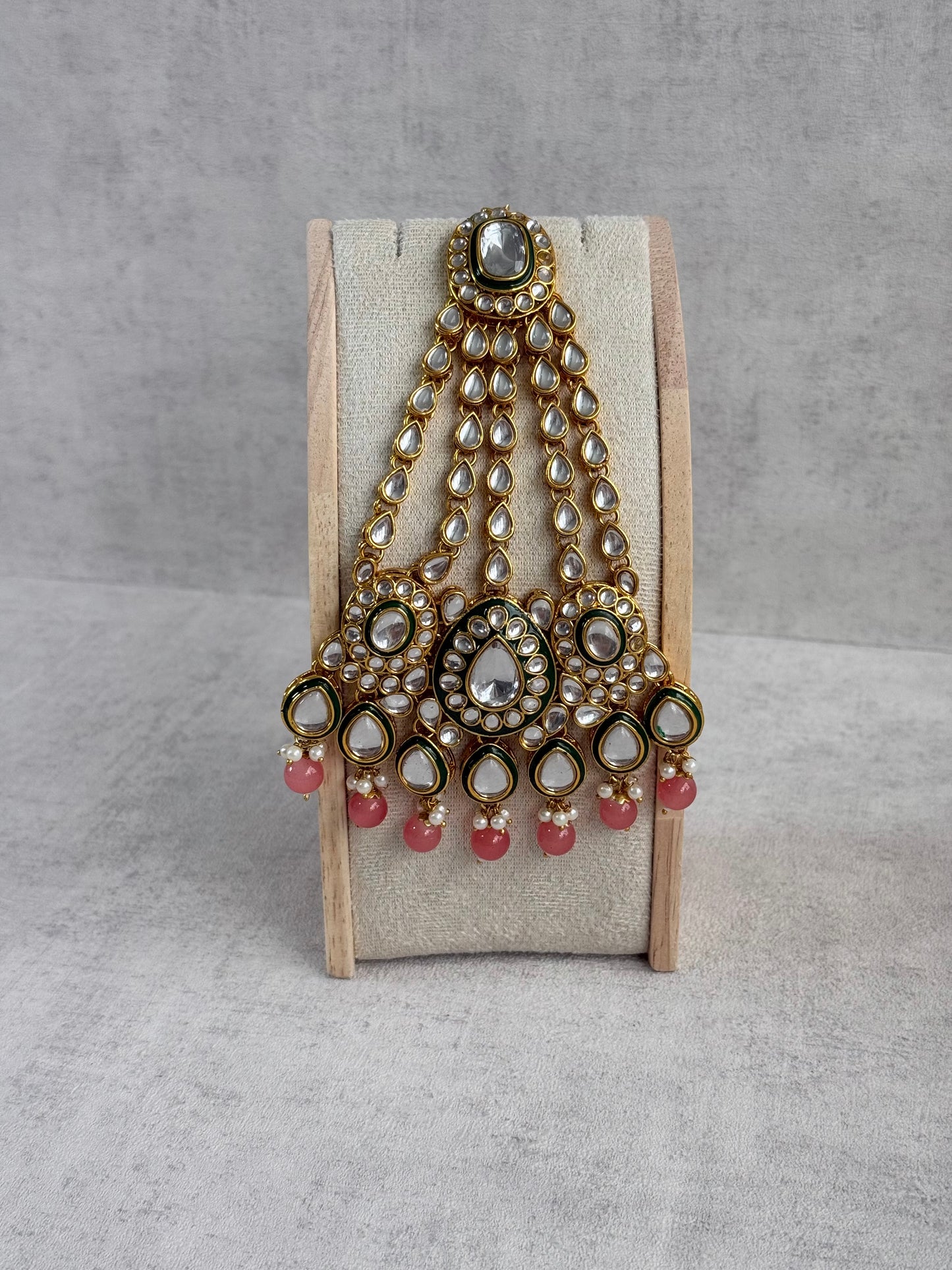 Ayura Designs Jashan Set with Necklace, Earrings, Tikka & Passa – Kundan Detailing, Pearl Drops & Blush Peach Beads