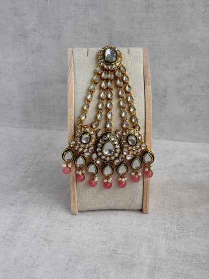 Ayura Designs Jashan Set with Necklace, Earrings, Tikka & Passa – Kundan Detailing, Pearl Drops & Blush Peach Beads