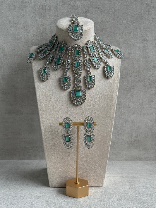 Ayura Designs Zinnia Set – Necklace, Earrings & Tikka with Mint Green Stones and Mirror-Cut Polki in Silver Finish