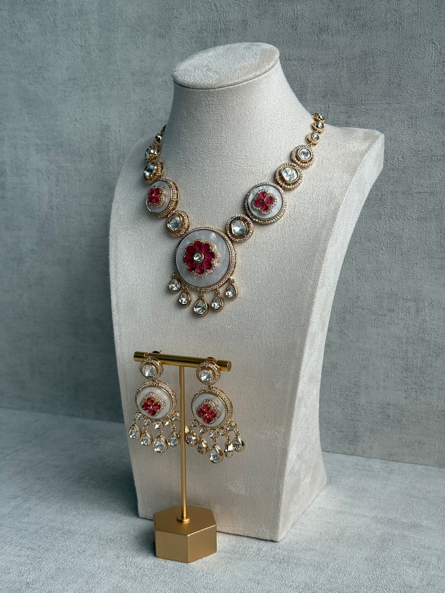 Ayura Designs Wisah Set – Necklace & Earrings with Mother of Pearl, Ruby Pink Stones & Mirror-Cut Detailing