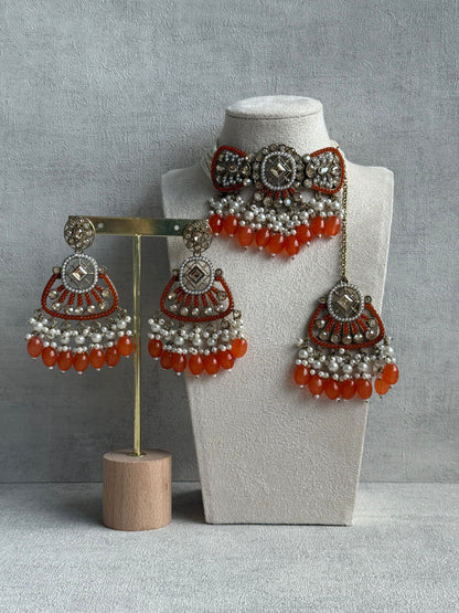 Ayura Designs Qudsia Set with Necklace, Earrings & Tikka – Burnt Orange Stones, Kundan Detailing & Antique Gold Finish