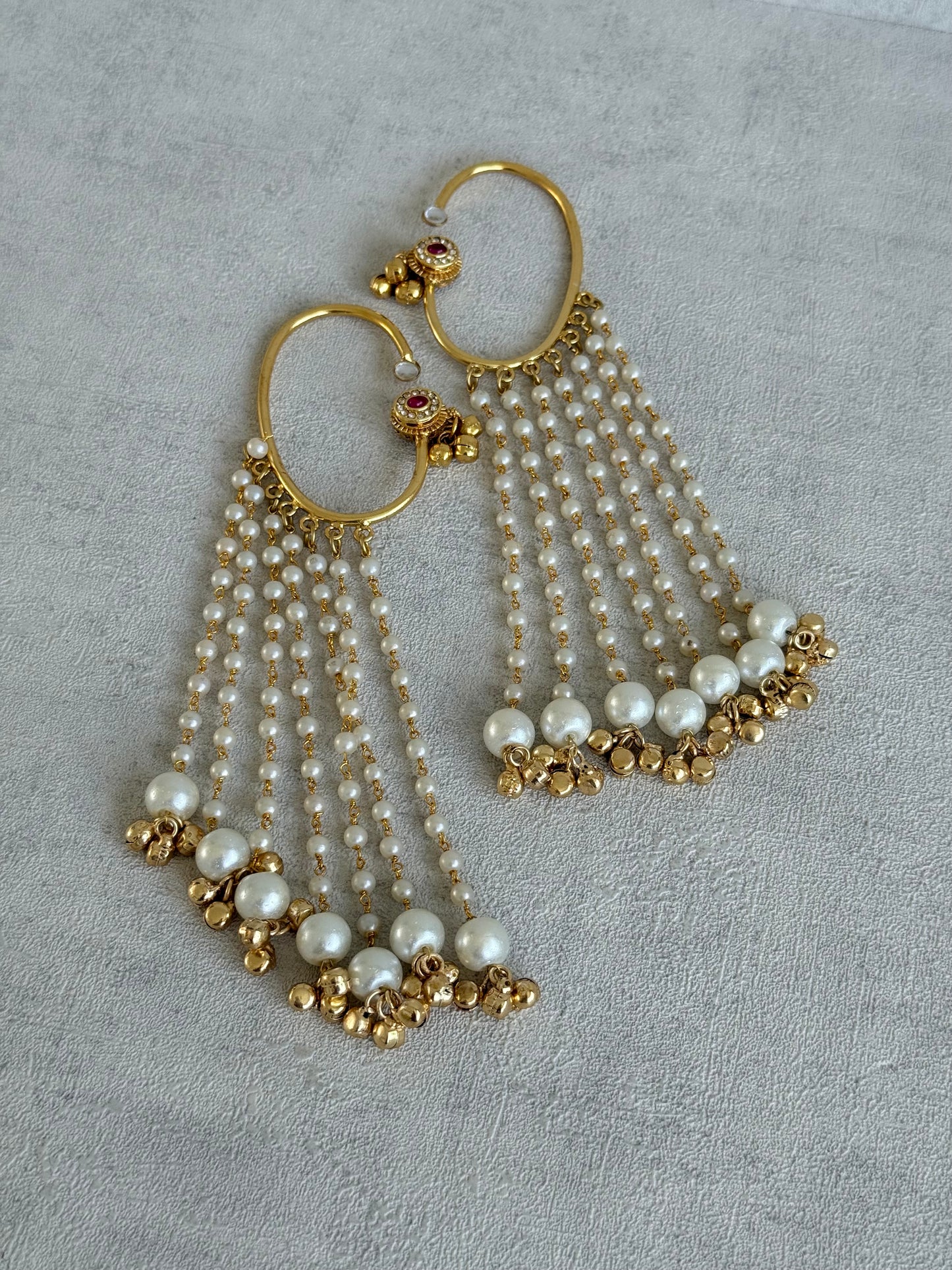 Ayura Designs Nargiza Ear Cuffs – Pearl Tassel Ear Cuffs with Ghungroo Detailing & Ruby Stone Accents
