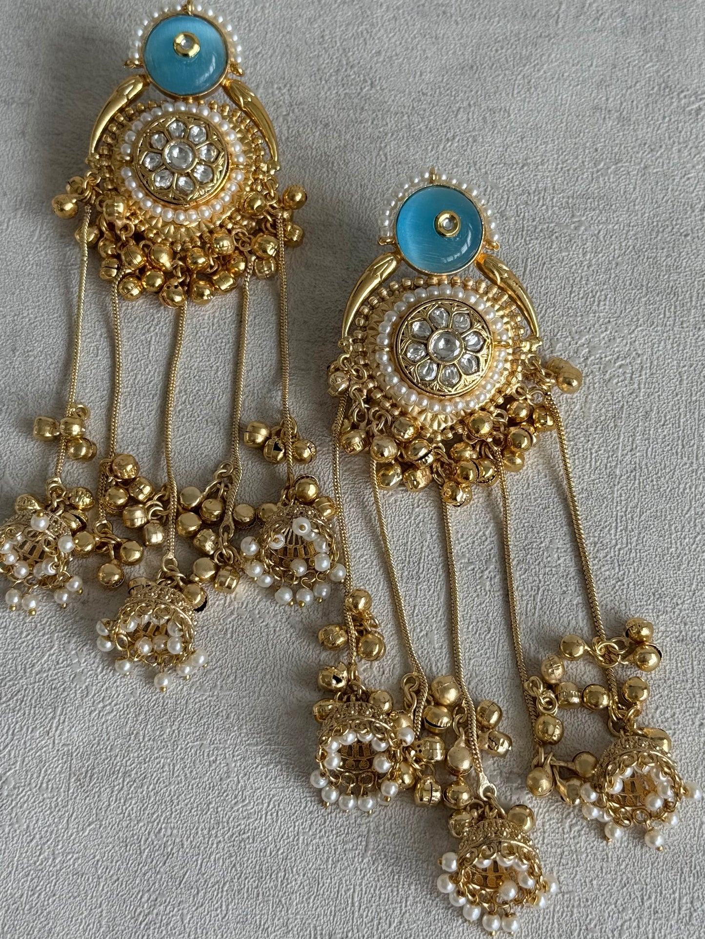 Ayura Designs Shagan Earrings – Aqua Blue Statement Earrings with Multi Jhumki Drops, Pearl Detailing & Ghungroo Accents