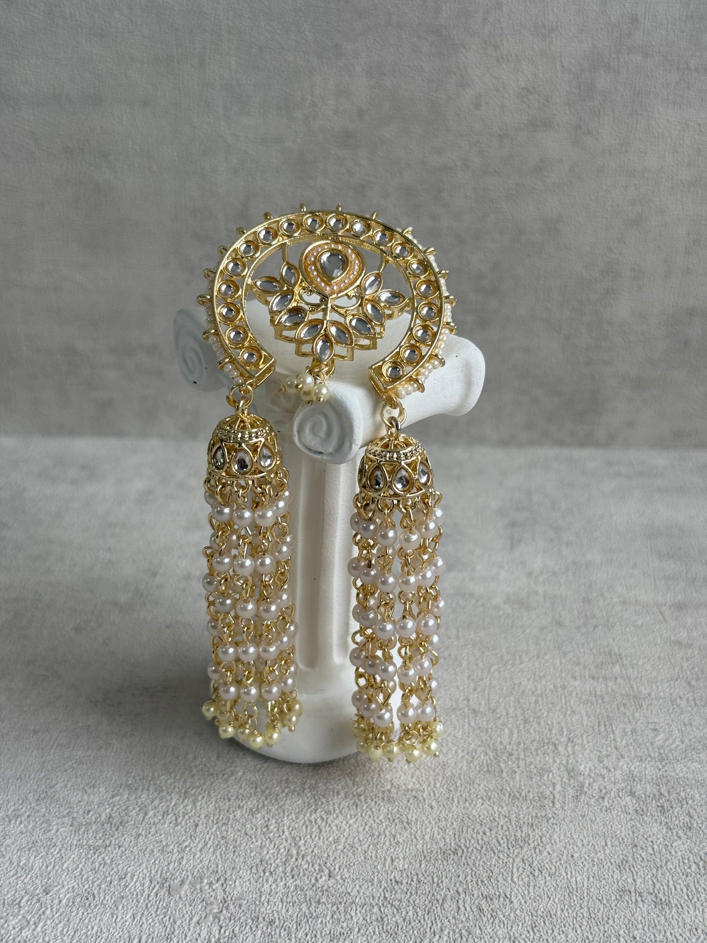Ayura Designs Kamya Hair Brooch – Polki Crescent with Pearl Tassels in Gold Finish
