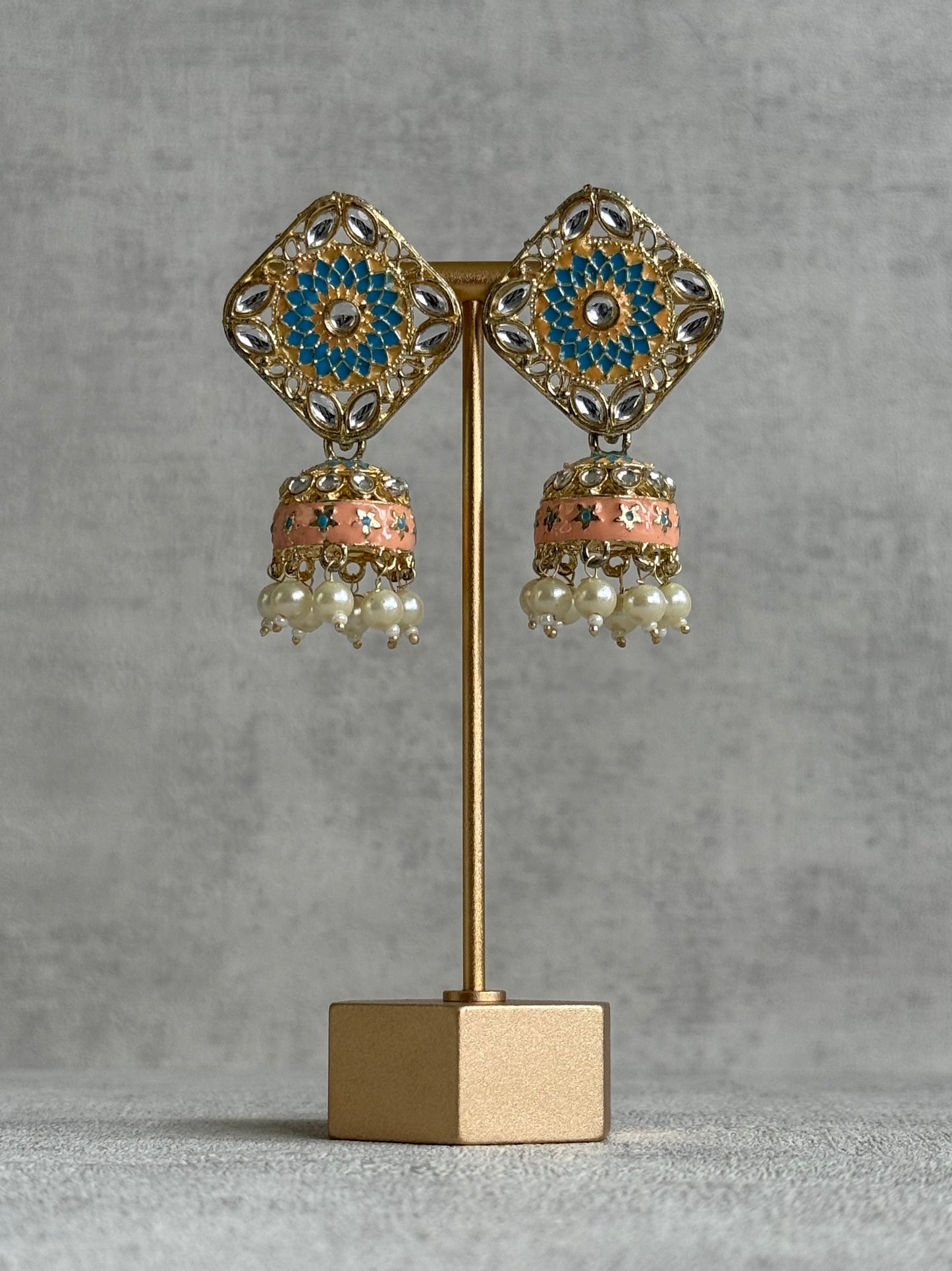 Ayura Designs Rangoli Jhumkis – Aqua Blue & Peach Meenakari with Pearl Drops in Antique Gold Finish