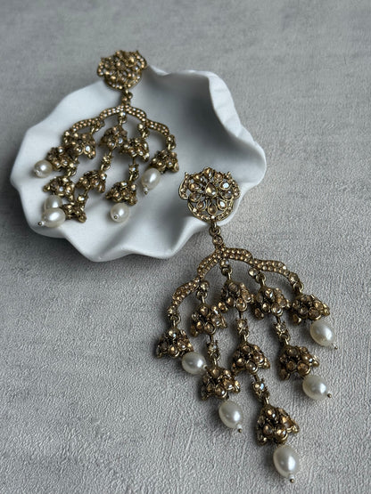 Ayura Designs Jasmine Earrings – Chandelier Earrings with Ivory Pearl Drops & Antique Gold Detailing