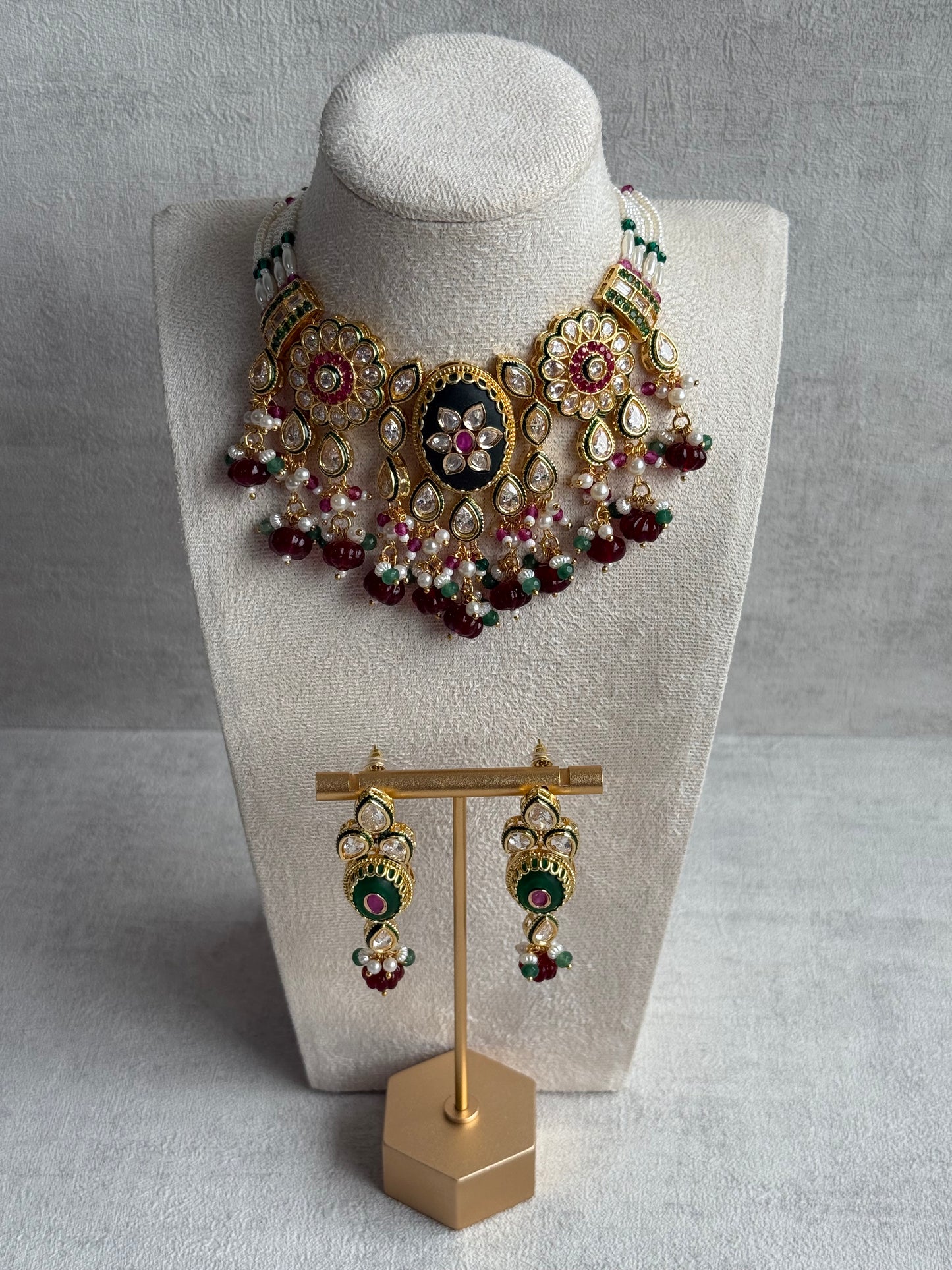Ayura Designs Kavia Set – Necklace & Earrings with Kundan Stones, Green Enamel, Ruby & Emerald Beads, and Pearl Detailing