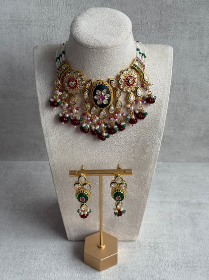 Ayura Designs Kavia Set – Necklace & Earrings with Kundan Stones, Green Enamel, Ruby & Emerald Beads, and Pearl Detailing
