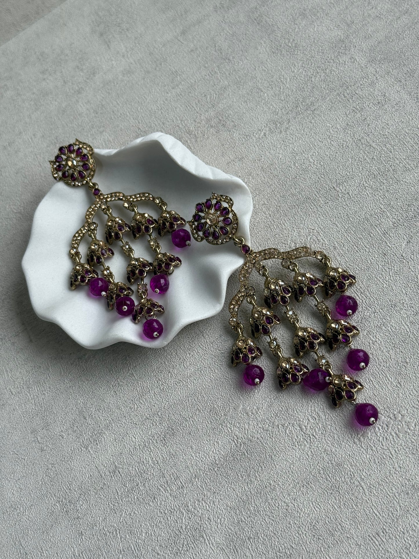 Ayura Designs Jasmine Earrings – Chandelier Earrings with Berry Purple Beads & Antique Gold Finish
