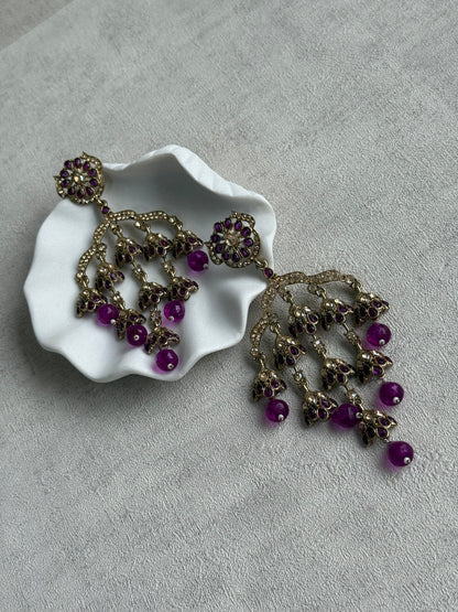 Ayura Designs Jasmine Earrings – Chandelier Earrings with Berry Purple Beads & Antique Gold Finish