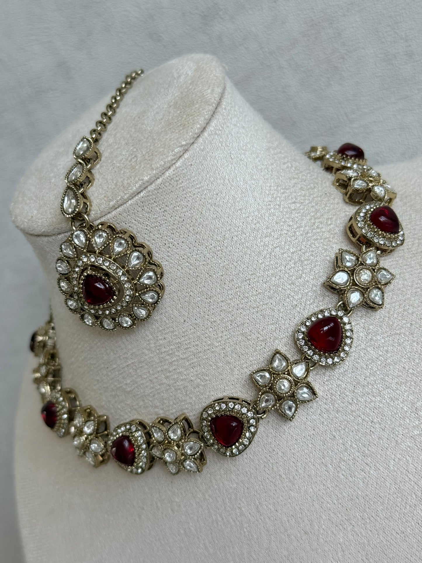 Ayura Designs Ivy Necklace Set with Studs & Tikka – Ruby Red Kundan Detailing
