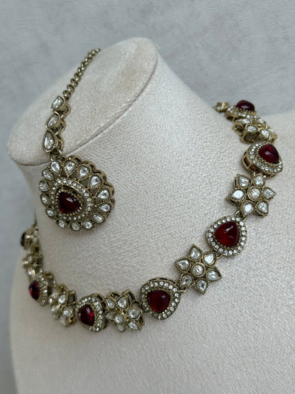 Ayura Designs Ivy Necklace Set with Studs & Tikka – Ruby Red Kundan Detailing