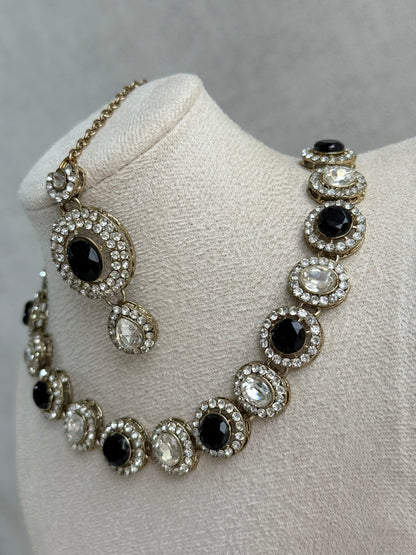 Ayura Designs Eira Necklace Set with Earrings & Tikka – Black & Crystal Stones with Antique Gold Finish