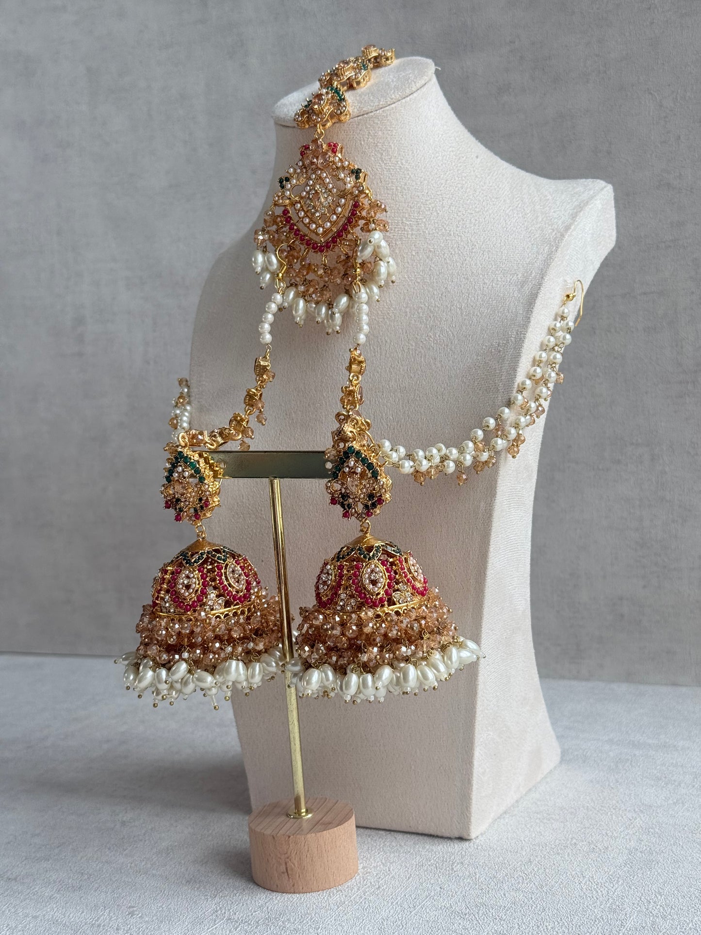 Ayura Designs Safia Tikka Set with Sahare Earrings – Champagne Crystals with Ruby & Emerald