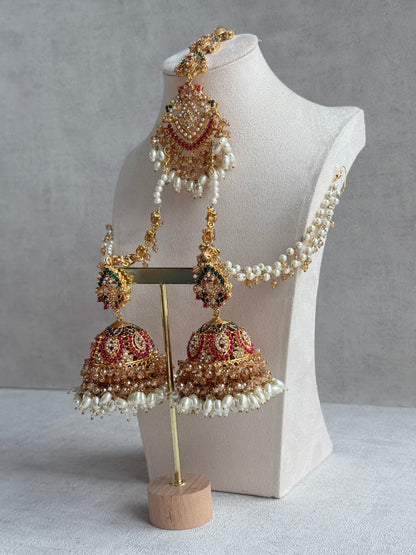 Ayura Designs Safia Tikka Set with Sahare Earrings – Champagne Crystals with Ruby & Emerald