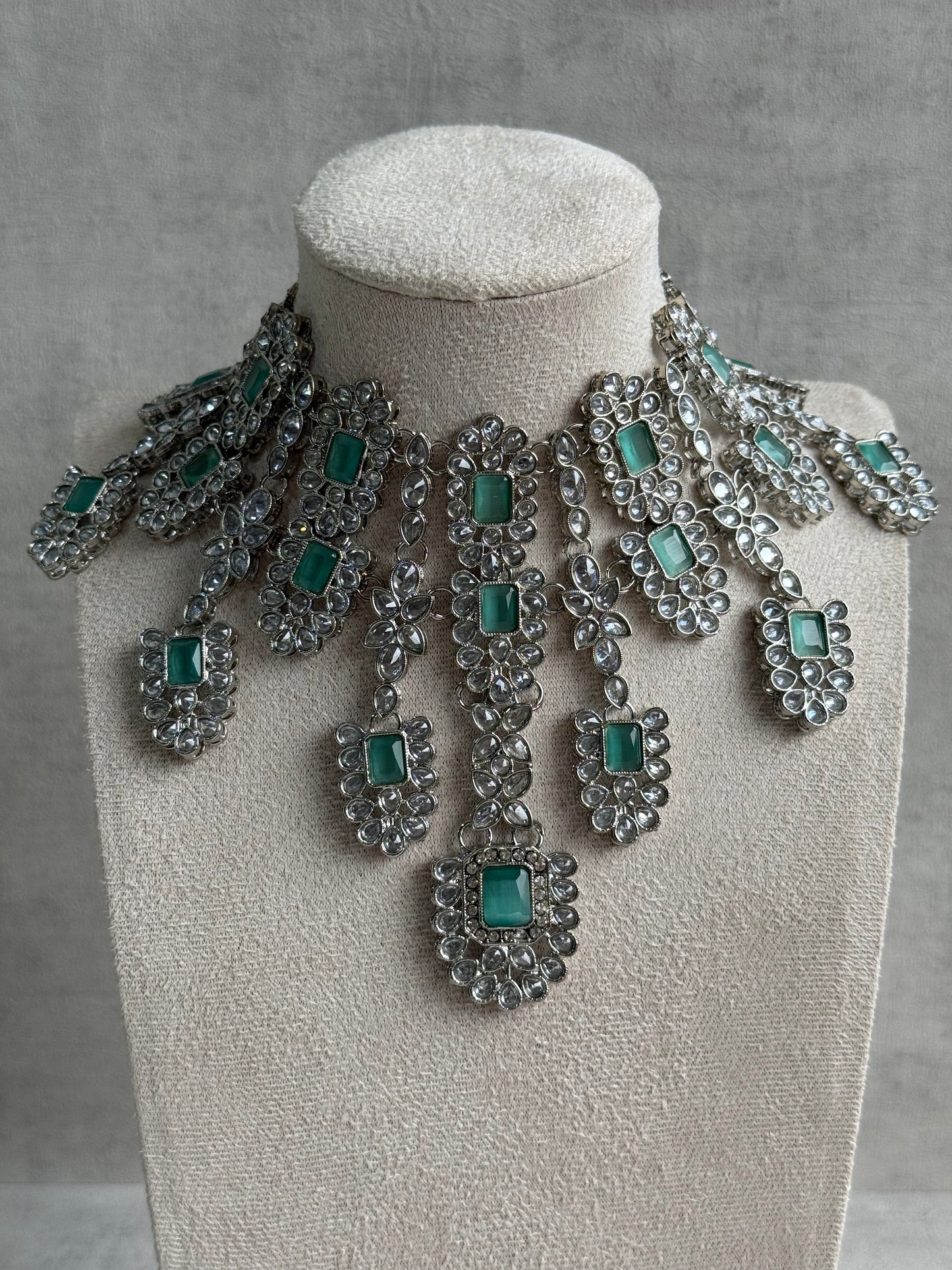 Ayura Designs Zinnia Set – Necklace, Earrings & Tikka with Mint Green Stones and Mirror-Cut Polki in Silver Finish