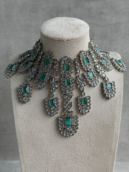 Ayura Designs Zinnia Set – Necklace, Earrings & Tikka with Mint Green Stones and Mirror-Cut Polki in Silver Finish