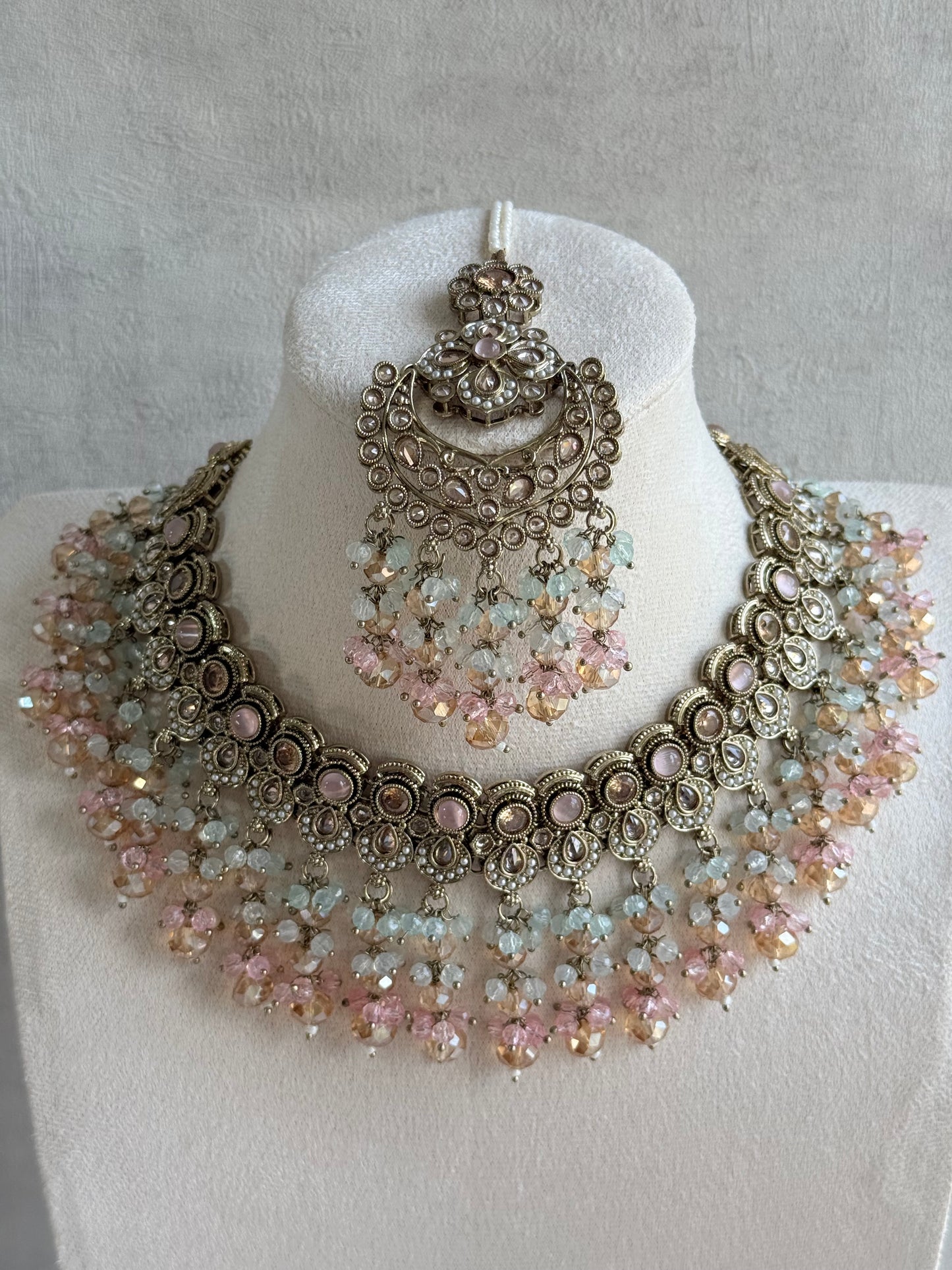 Ayura Designs Dilnaz Necklace Set – Blush Pink, Aqua & Champagne Crystal Beads