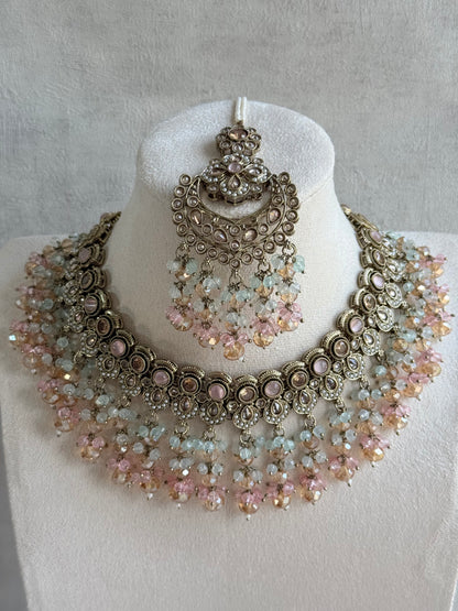 Ayura Designs Dilnaz Necklace Set – Blush Pink, Aqua & Champagne Crystal Beads