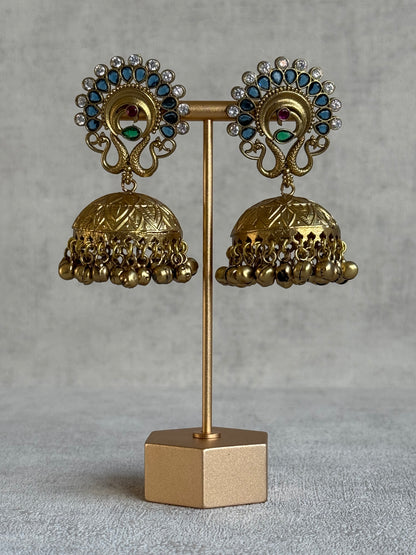 Ayura Designs Moraya Jhumkis – Ink Blue Peacock Motif with Antique Gold Detailing
