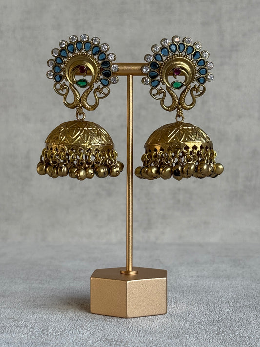Ayura Designs Moraya Jhumkis – Ink Blue Peacock Motif with Antique Gold Detailing