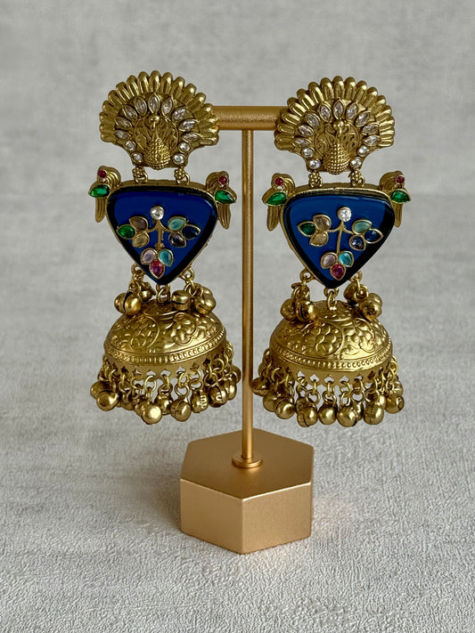Ayura Designs Makali Earrings – Midnight Blue Enamel with Multicolour Stones & Antique Gold Jhumkis