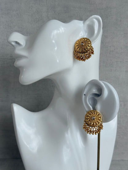Ayura Designs Deesha Stud Earrings – Gold Finish with Crystal & Ghungroo Detailing