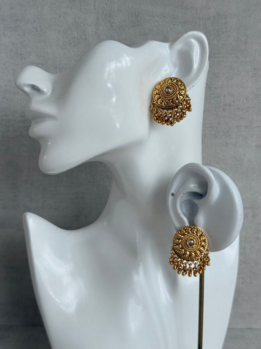 Ayura Designs Deesha Stud Earrings – Gold Finish with Crystal & Ghungroo Detailing