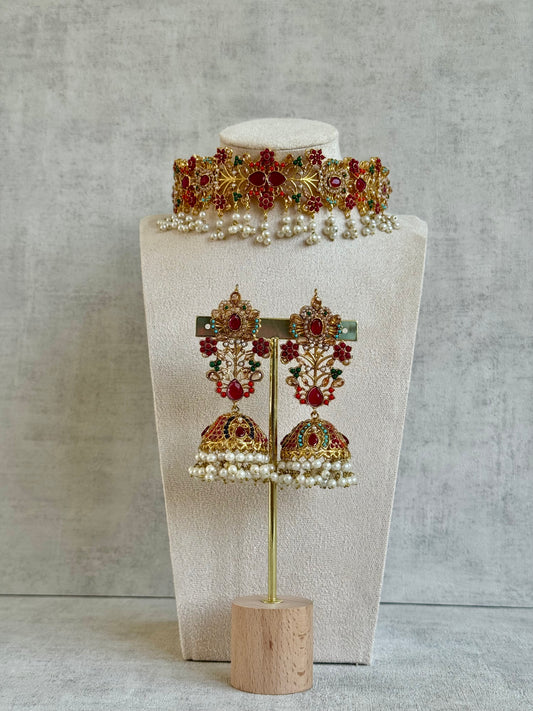 Ayura Designs Afsana Choker Set with Jhumkis – Multicolour Ruby Red, Green & Pearl Detailing | Antique Gold Finish