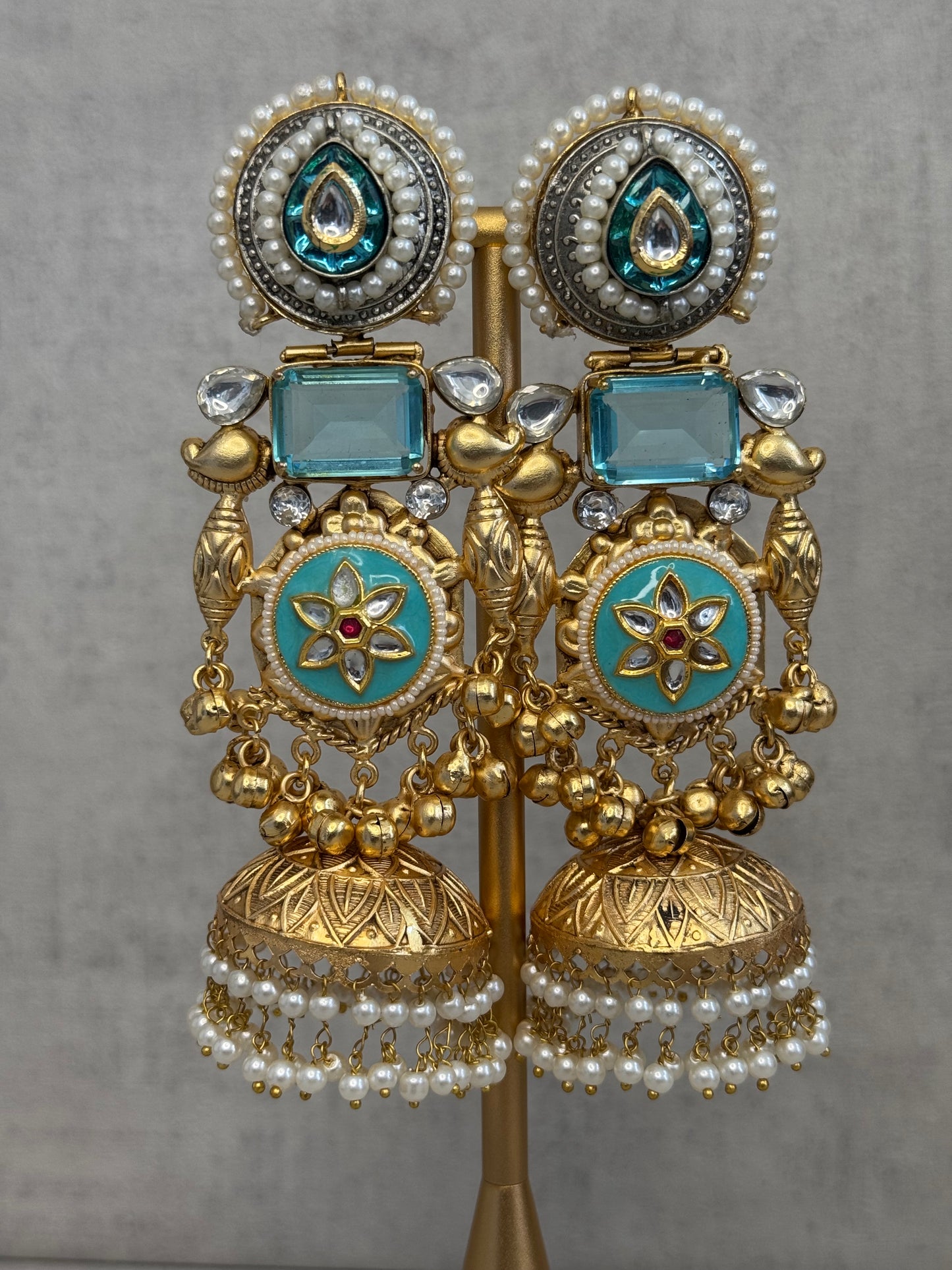 Ayura Designs Neelam Earrings – Handcrafted Gold-Toned Brass Statement Earrings with Blue Enamel, Kundan, Pearls & Jhumka Detailing