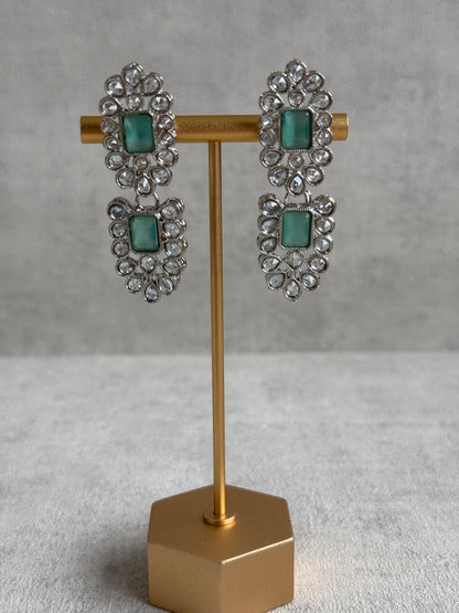 Ayura Designs Zinnia Set – Necklace, Earrings & Tikka with Mint Green Stones and Mirror-Cut Polki in Silver Finish