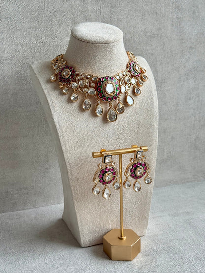 Ayura Designs Ishika Set – Kundan Necklace with Pink & Green Meenakari and Teardrop Crystals