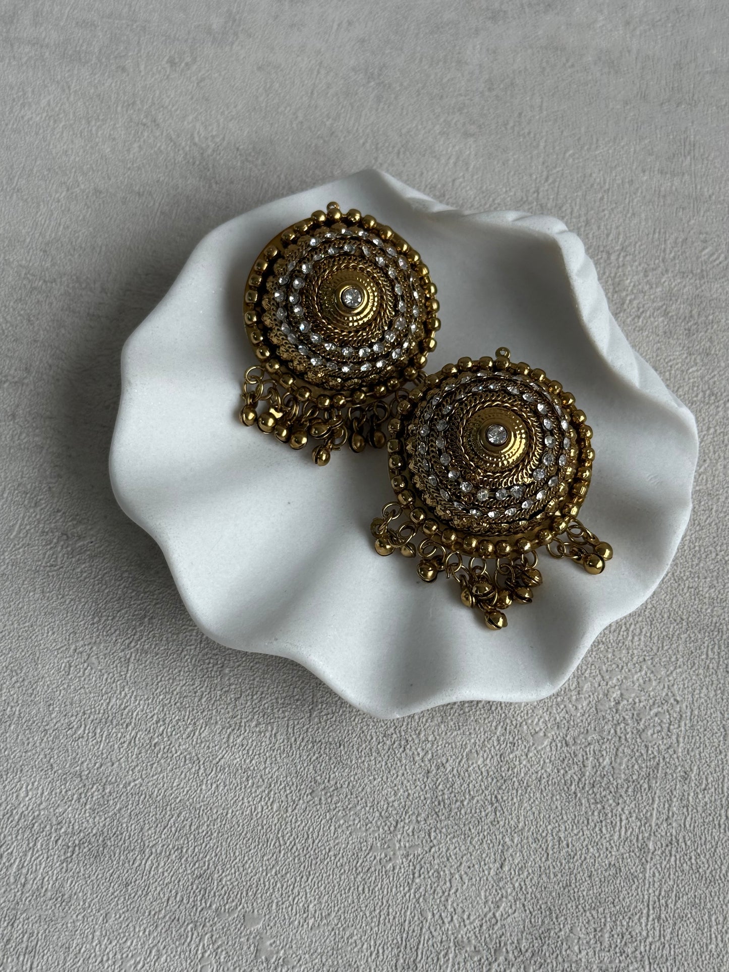 Ayura Designs Mitwa Earrings – Antique Gold Studs with Crystal Stones & Ghungroo Fringe